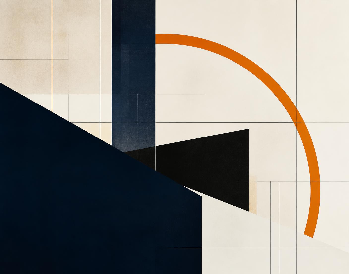 Abstract editorial composition in navy, black, and orange
